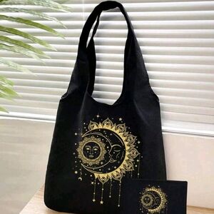 Elegant Black Tote with Gold Celestial Design